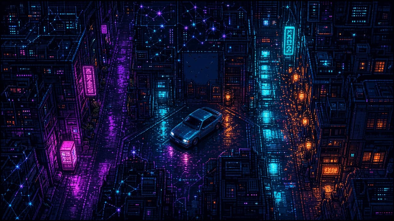 Top-down neon city blocks at night