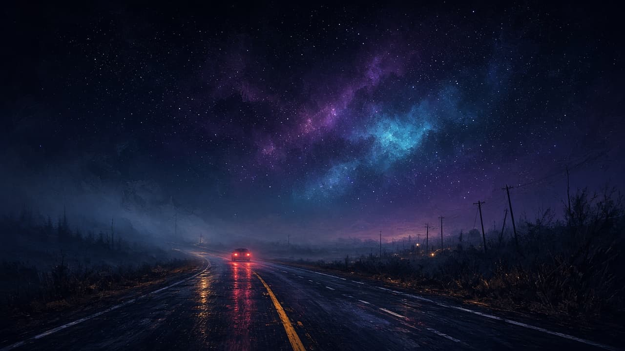 Night highway fading into fog with cyan and magenta skyglow
