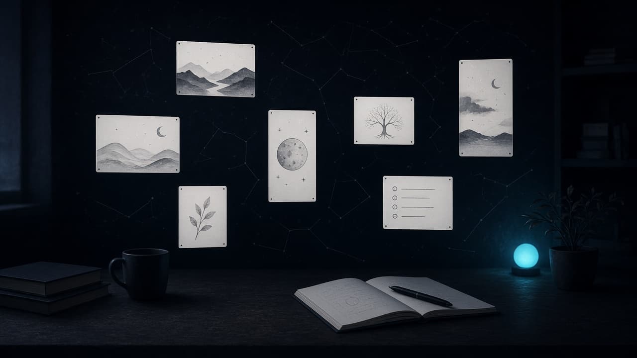 Tiny e-ink panels floating in a dark calm room
