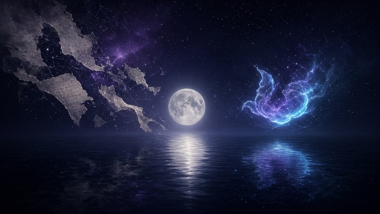 A pale moon over still water with pages dissolving into stars