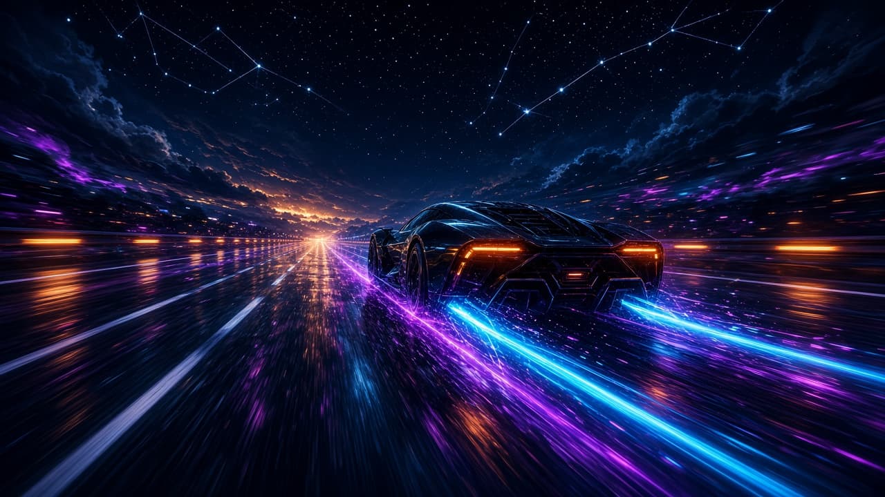 A night highway vanishing point with boost-trail streaks
